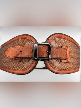 Wide Woven Leather Waist Belt Brown Elastic Back Statement Belt S/M